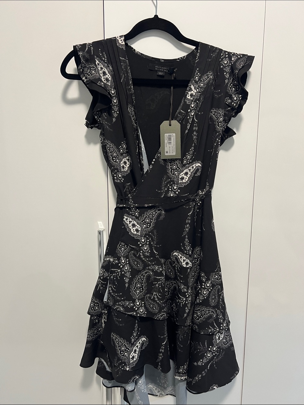 All Saints Black Paisley Wrap Mini Dress Sz 2 NWT